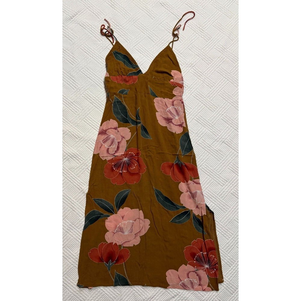 O'neill Women's Sundress Midi Floral Tie Spaghetti Straps Size Med Smocked Slits